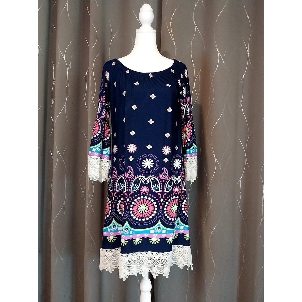 White Mark Navy Boho Blue Embroidered Tunic Dress Size Large / #3106‎ - Picture 3 of 3